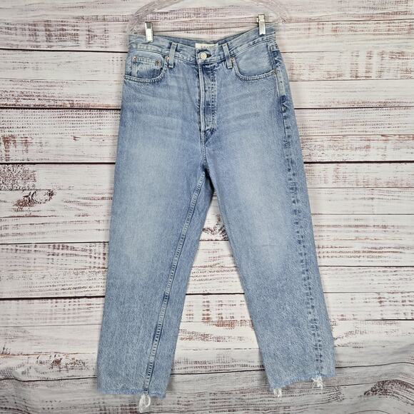Trave Jeans 30 Harper Crop Straight High Rise Raw Hem Button Fly Grunge Denim - Picture 1 of 12
